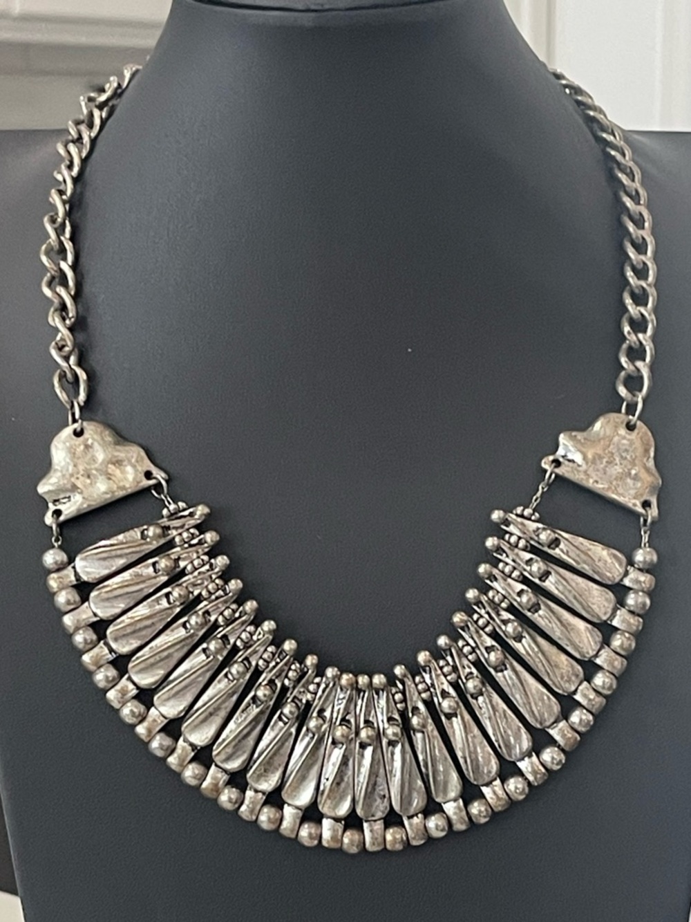 Boho Oxidized Silver Fringed Bib Statement Necklace